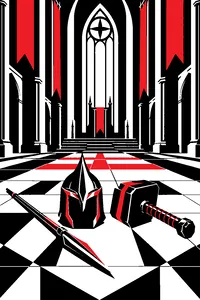 A grand cathedral hall with a lion-shaped spear helmet and a giant hammer lying side by side on the marble floor.