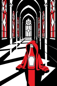 A golden hallway with stained-glass windows and a blue hoodie draped over a bottle of ketchup on the floor.