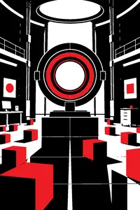 A laboratory chamber with yellow blocks scattered across the floor and one large glowing eye-shaped lens on a pedestal.