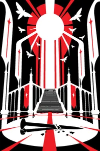 A glowing white sky temple with a cracked bug-sized nail sword on the floor and moths circling a light.