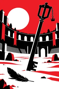 A Greek coliseum arena with a giant key-shaped sword and a single black feather on the sand.