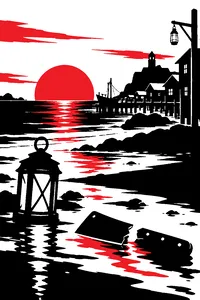 A gray beach at dusk with a fishing village behind, a lantern and a broken cleaver in the wet sand.