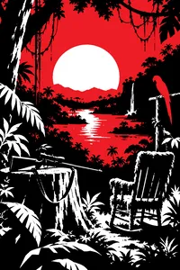 A dense jungle with a sniper rifle on a tree stump, a moss-covered rocking chair and a parrot's perch.
