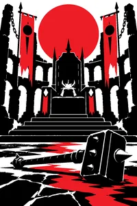 A ruined stone arena with a massive war hammer and a spiked iron helmet resting on a throne.