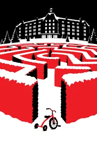 A red hedge maze buried in snow at night, a single tricycle abandoned at its entrance and a hotel's lit windows behind.