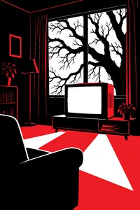 A glowing static-filled television on a low stand in a dark suburban living room, a tree's gnarled branches pressed against the window behind it.