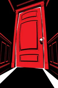 A heavy carved wooden door bulging inward in a dark hallway, cracks of light spilling around its frame and the doorknob turning.