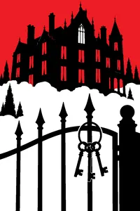 A huge stone manor in thick fog, every window covered by heavy drawn curtains except one, and a ring of iron keys hanging on the gate.