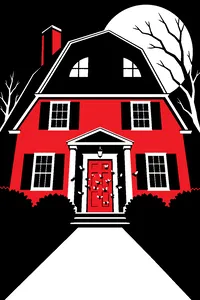 A Dutch Colonial house at night with two quarter-circle attic windows glowing like eyes, a swarm of flies at the front door.