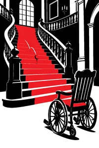 A small rubber ball bouncing down a grand mansion staircase toward an empty antique wheelchair at the bottom.