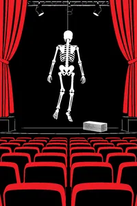 A skeleton dangling from a wire over rows of empty theater seats, a stack of banknotes on the stage below.