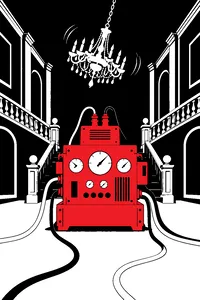 A boxy scientific machine with dials and cables sitting in the middle of a dark mansion hall, a chandelier swinging overhead.