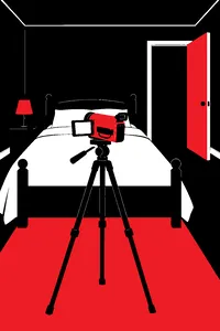 A camcorder on a tripod at the foot of a bed in a dark bedroom, the bedroom door standing open to a black hallway.