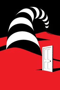 A striped sandworm curling out of a desert dune on an alien moon, a tidy white front door standing alone in the sand.