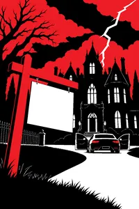 A blank wooden real estate signpost leaning in front of a gothic mansion in a thunderstorm, a car with its doors open in the driveway.