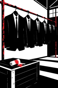 A row of black suit jackets and skinny ties hanging on a rusted warehouse rail, a single bloodstained bandage on a wooden crate below.