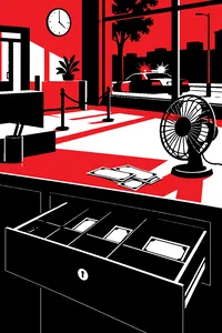 A small bank's open, empty cash drawer on a sweltering summer afternoon, a handful of bills and an electric fan on the counter, police lights outside the window.