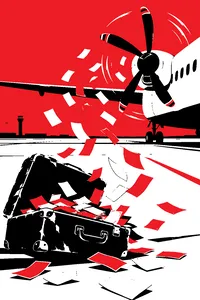 A battered suitcase bursting open on an airport tarmac, banknotes swirling into the propeller wash of a waiting plane.