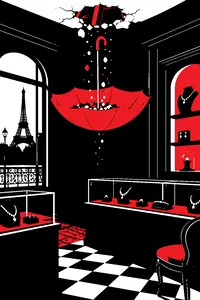 An umbrella hanging open upside down beneath a hole in a plaster ceiling, catching falling dust, in a dark Paris jewelry shop.