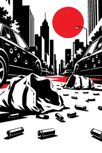 Abandoned canvas money bags and spent brass casings on a sunny downtown street between bullet-riddled parked cars.