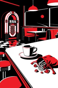 A jukebox glowing in an empty roadside diner at night, a half-finished cup of coffee and a pouch of jewels on the counter.