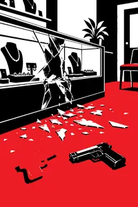 A shattered glass jewelry case in a small suburban shop, a plastic toy pistol lying on the carpet beside a real one.