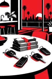 Four sets of car keys and a pile of cash on a kitchen table in a Los Angeles apartment at dusk.