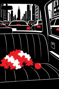 A crumpled clown wig and a red rubber nose on the seat of a stalled taxi stuck in New York traffic.