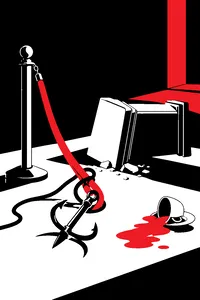 A cat burglar's grappling hook tangled in a velvet rope beside a toppled bust and a cappuccino.