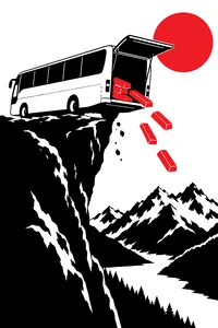 A coach bus teetering on the edge of an alpine cliff, gold bars sliding toward the open back door.