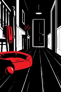 A low-angle view down a dark wooden hallway of an old rural house, a red dog bed in the foreground and a closed door glowing faintly at the end.