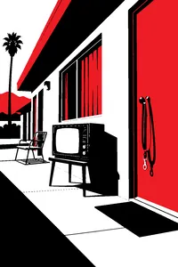 A small motel television set out on an outdoor walkway beside a door, a dog leash hanging from the doorknob.