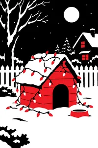 A string of glowing Christmas lights tangled around a doghouse in a snowy small-town yard at night.