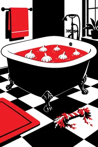 A clawfoot bathtub full of water with floating garlic bulbs and a dog's chewed rope toy on the bathroom floor beside it.