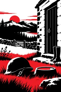 A Highlands farmhouse cellar door at dawn, a military helmet on the grass beside a dog's water bowl, pine forest behind.
