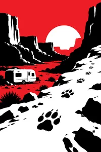 A travel trailer stranded in a rocky desert canyon at dusk, a large dog's paw prints leading up a ridge.