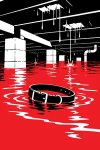 A dog collar floating on brown floodwater in a flooded Florida crawl space, rain hammering through the floorboards above.