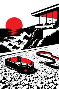 A discarded shock collar on a gravel driveway beside an empty leash, waves crashing beyond a modern glass cliffside house.