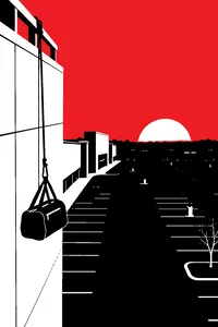 A duffel bag hanging from a rope down the side of a shopping mall wall, a deserted parking lot below at gray dawn.