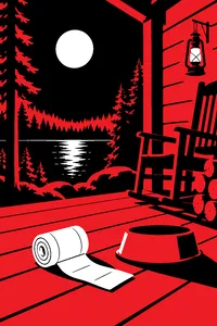 A rolled bandage and a dog bowl on a forest cabin porch under a bright full moon.