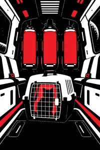 A cat carrier sitting inside a cramped spaceship escape shuttle, cryo pods glowing blue behind it.
