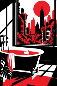 A dog's bathtub with a rubber duck in an empty Manhattan apartment, overgrown streets visible through the window.