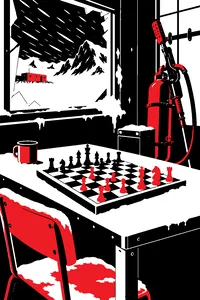 A frost-covered chessboard on a metal table in an Antarctic research hut, a flamethrower leaning against the wall and snow blowing through a broken window.