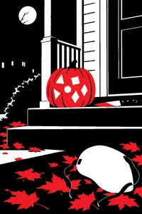 A carved jack-o'-lantern glowing on a suburban porch step at night, a kitchen knife resting beside it and a white mask lying face-down in the leaves.