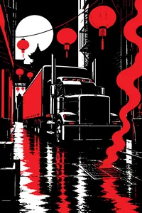 A big-rig truck parked in a rain-slicked Chinatown alley at night, paper lanterns overhead and green smoke curling from a sewer grate.
