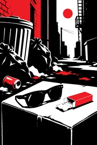 A pair of cheap black sunglasses lying on a cardboard box in a garbage-strewn alley, a single pack of bubblegum beside them, empty.