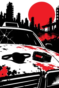 A black eyepatch and a digital wristwatch counting down on the hood of a battered taxi, a dark ruined skyline behind it.