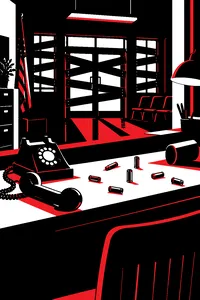 A boarded-up police station front desk at night, shell casings scattered across it and a dead rotary phone off the hook.