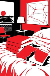 A stack of blank red paperback novels on a motel bed, one torn open, with a road map pinned to the wall and crayon lines connecting towns.