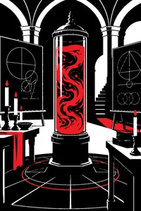 A tall glass canister of swirling green liquid in a candlelit church basement, chalkboards full of equations around it.